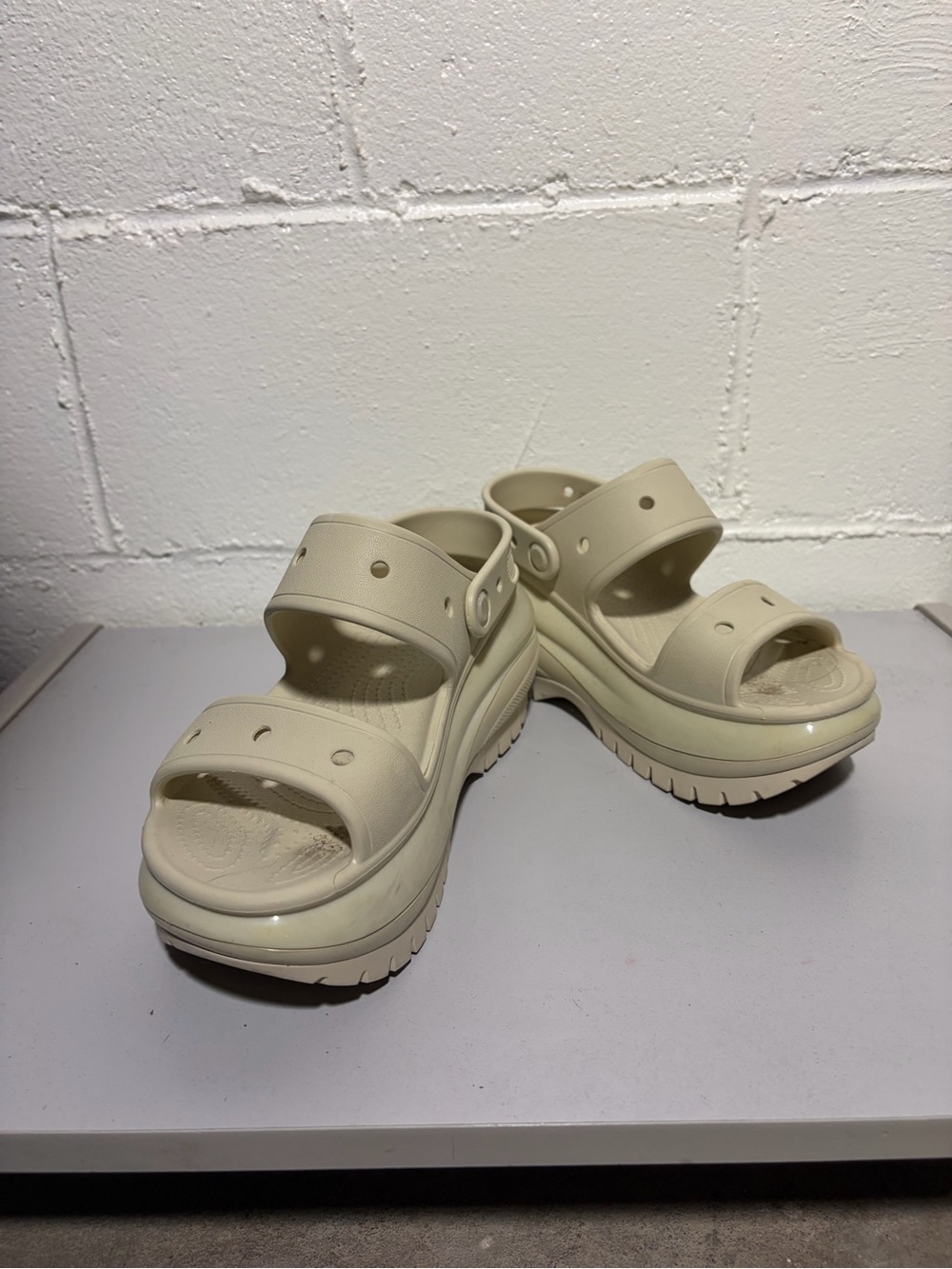 CROCS Chunky Platform Slide Sandals in Light Beige